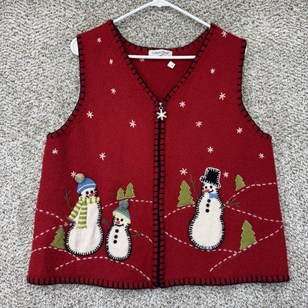 Vintage Coldwater Creek Vest Women's 1X Red Wool Christmas Embroidered Snowman